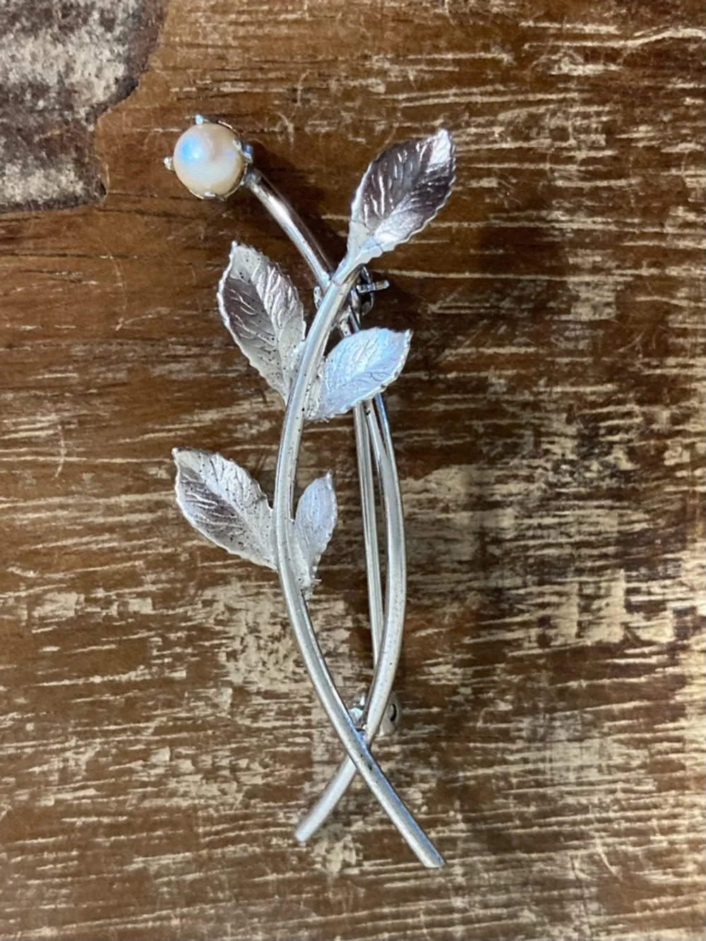 Vintage Sterling Silver Leaf Brooch • C R Co Signed • Pearl Accent